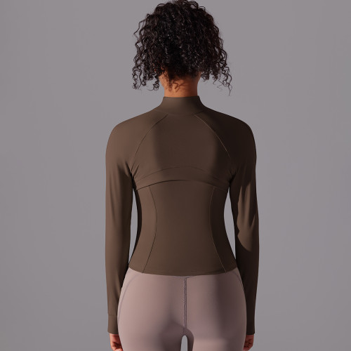Custom-made stand-up collar long zipper long-sleeve jacket, brushed tight-fitting sports running fitness yoga top for women