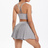 Cross-border European and American solid color tight-fitting brushed fabric cross-back short skirt two-piece set for running, fitness, training, and yoga
