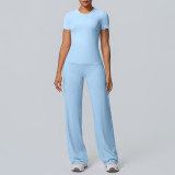 Cross-border double-sided brushed solid color tight-fitting training long-sleeve wide-leg yoga outfit set for sports, running, and fitness two-piece set