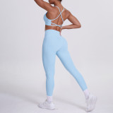 Cross-border double-sided nylon tight-fitting cross-back sports yoga outfit with pockets, two-piece set for running and fitness