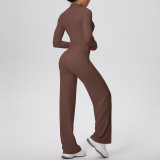 Cross-border solid color brushed tight-fitting one-shoulder tank top, wide-leg long pants, three-piece sports running fitness yoga outfit set