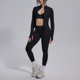 New cross-border seamless solid color tight-fitting high-elastic breathable three-piece sports running fitness yoga outfit set