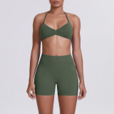 Cross-border seamless solid color halter neck bra and shorts yoga outfit set, tight-fitting running and fitness two-piece set