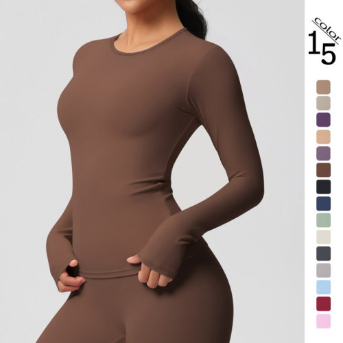 New in stock cross-border double-sided brushed solid color long-sleeve training sports T-shirt for running, fitness, and yoga for women