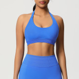 Cross-border solid color seamless backless high-elasticity tight-fitting halter neck sports bra for running, fitness, and yoga for women