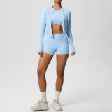 New cross-border solid color nude-feel brushed long-sleeve jacket tight-fitting three-piece sports running fitness yoga outfit set