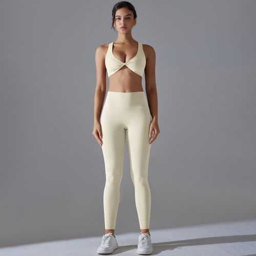 New solid color no-underwear required double-sided nylon sports yoga set, tight-fitting, high-elastic, antibacterial fitness yoga wear