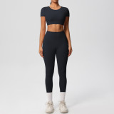 New cross-border European and American solid color double-sided brushed breathable tight-fitting yoga outfit set for sports, running, and fitness, eight-piece set