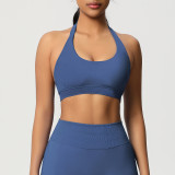 Cross-border solid color seamless backless high-elasticity tight-fitting halter neck sports bra for running, fitness, and yoga for women