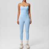New cross-border European and American solid color double-sided brushed breathable tight-fitting yoga outfit set for sports, running, and fitness, eight-piece set