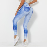 Clearance Sale: European and American Style Digital Print Denim Blue Tight High-Elastic Quick-Dry Yoga Pants for Women, Suitable for Sports, Running, and Fitness