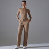 Cross-border double-sided nylon solid color long-sleeve yoga outfit set, high-waisted wide-leg sports running fitness two-piece set