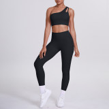 Cross-border European and American double-sided nylon brushed one-shoulder yoga outfit set, sports running fitness long pants two-piece set for women