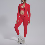 New cross-border seamless solid color tight-fitting high-elastic breathable three-piece sports running fitness yoga outfit set
