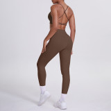 Cross-border double-sided nylon tight-fitting cross-back sports yoga outfit with pockets, two-piece set for running and fitness