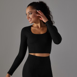 New cross-border seamless solid color polka dot striped T-shirt, high elasticity, low neck, tummy control, body shaping yoga wear, long sleeve top for women