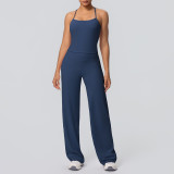In-stock cross-border seamless double-sided nylon backless tight-fitting sports wide-leg yoga outfit set for running and fitness two-piece set