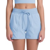 New solid color drawstring pocket yoga training tight yoga shorts, high elasticity sports running fitness three-quarter pants for women