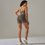 Cross-border European and American seamless tight-fitting cross-back sports bra yoga outfit set with running fitness shorts two-piece set