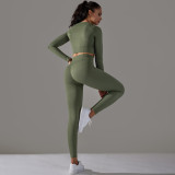 Cross-border European and American seamless knitted solid color jacquard low-cut tight-fitting long-sleeve yoga outfit sports fitness two-piece set