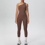 New cross-border double-sided brushed fabric seamless tight-fitting one-shoulder tank top sports set for running, fitness, and yoga, two-piece set