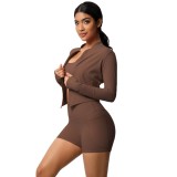European and American style solid color backless bra, tight yoga wear, pocket shorts, cloud-feel running fitness wear, three-piece sports set