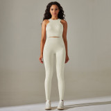 Cross-border European and American seamless peach-colored solid color tight-fitting high-elasticity tank top yoga set sports fitness two-piece yoga outfit