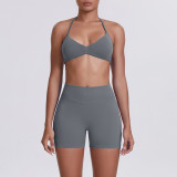 Cross-border seamless solid color halter neck bra and shorts yoga outfit set, tight-fitting running and fitness two-piece set