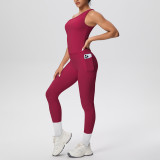 New cross-border brushed fabric seamless tight-fitting one-shoulder tank top sports set with pockets for running, fitness, and yoga, two-piece set