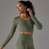 New cross-border seamless solid color polka dot striped T-shirt, high elasticity, low neck, tummy control, body shaping yoga wear, long sleeve top for women