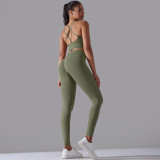 Cross-border European and American new seamless knit solid color backless tight-fitting high-waisted yoga outfit set for running and fitness two-piece set
