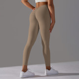 Cross-border European and American brushed V-waist pleated solid color peach butt-lifting yoga pants for sports, running, and fitness, tight-fitting nine-point pants