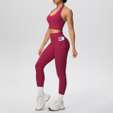 New cross-border solid color brushed fabric halter neck tank top and pocket pants yoga outfit set for women, suitable for sports, running, and fitness