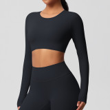 In-stock cross-border double-sided brushed fabric tight-fitting long-sleeve yoga top with chest pads for women, suitable for Pilates and running