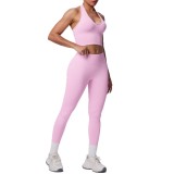 Cross-border European and American seamless tight-fitting halter neck backless yoga outfit set for women, two-piece running sports fitness yoga wear