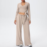 New cross-border solid color double-sided brushed drawstring long-sleeve vest three-piece sports running fitness yoga outfit set
