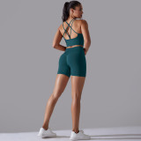 Cross-border European and American seamless knitted solid color high-elastic tight-fitting yoga outfit set, two-piece running and fitness wear for women