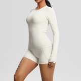 New cross-border European and American solid color double-sided nylon brushed long-sleeve yoga outfit set for sports, running, and fitness two-piece set