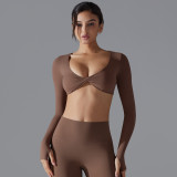 New sports long-sleeve fitness top for women, deep V-neck, slim fit, breathable, ins-style, cropped outdoor yoga top