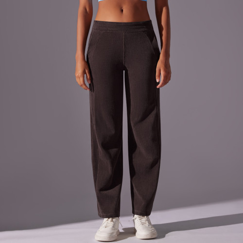 Clearance!Solid color corduroy ribbed casual pocket straight-leg pants, high-waisted, drapey, suitable for sports, running, and yoga, cropped length