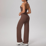 Cross-border solid color brushed fabric backless tight-fitting halter neck high-waisted yoga outfit set for sports, running, and fitness two-piece set