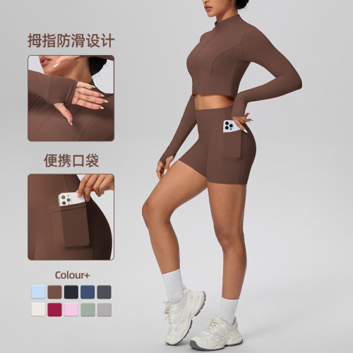 In-stock cross-border solid color brushed fabric nude-feel short jacket set with tight-fitting pocket shorts, two-piece fitness yoga outfit