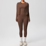 New European and American style cloud-feel brushed short-sleeve sports zip-up jacket, casual running butt-lifting yoga outfit three-piece set for women