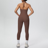 New cross-border brushed fabric backless tight-fitting halter neck high-waisted yoga outfit set for sports, running, and fitness two-piece set