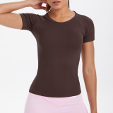 Cross-border European and American seamless knitted solid color breathable tight-fitting short-sleeve T-shirt for sports, running, fitness, and yoga for women