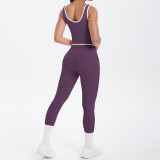 New cross-border double-sided brushed contrasting color tight-fitting breathable cross-over yoga outfit set for sports, running, and fitness two-piece set