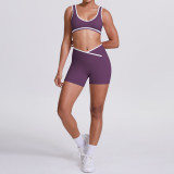Cross-border double-sided brushed contrasting color tight-fitting breathable cross-waist yoga outfit set for women, suitable for sports, running, and fitness