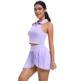 New cross-border solid color lapel vest breathable faux two-piece pleated short skirt set for sports, running, fitness, and yoga