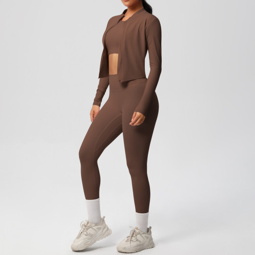 In-stock cross-border solid color brushed breathable tight-fitting fitness jacket three-piece sports running yoga outfit for women