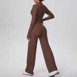 New cross-border solid color double-sided brushed zipper jacket and wide-leg yoga outfit set for sports, running, and fitness two-piece set